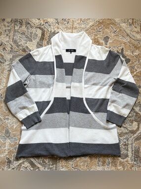 CHLOE + JASMINE Womens Cardigan Sweater XL Gray White Striped Open Front Pocket